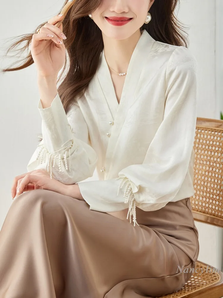

Elegant Cross V-neck Acetate Satin Shirt for Women Spring 2024 New High-Grade Chic Top Lady Beaded Tassel Long Sleeve Top Blusas