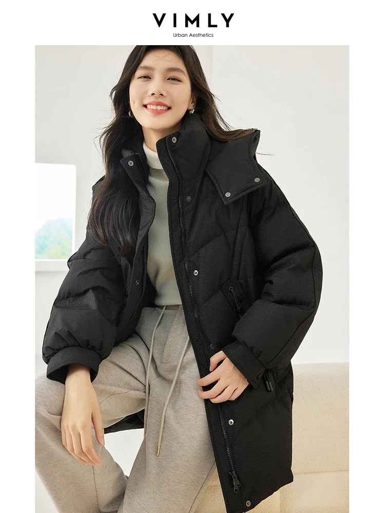 Vimly Hooded Stand Collar Zipper Duck Down Jackets 2023 Winter New Casual Straight Thick Warm Long Coats for Office Ladies 50719