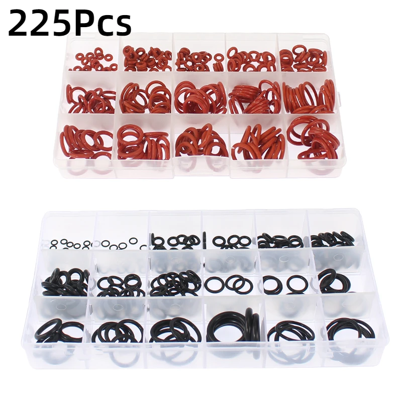 

225pcs O Ring Seal Kit 18/15 Different Sizes Black Red Silicon O-ring Sealing Gasket Assortment Set with Plastic Case