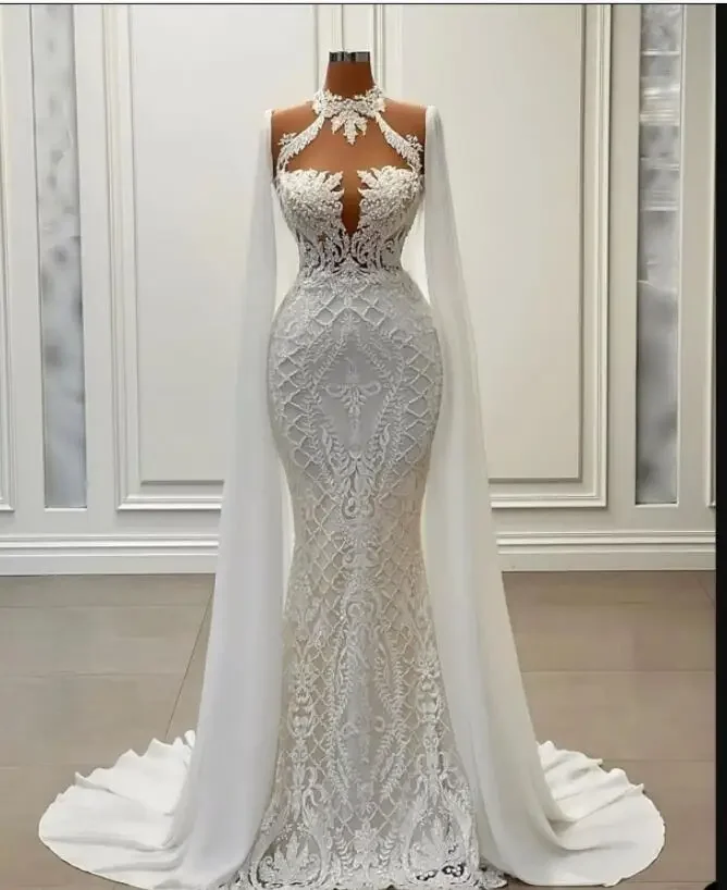 Customized High Neck Lace Wedding Dresses With Fly Away Cape Robe De Mariage Sweep Train PLus Size Mermaid Bridal Gowns 2