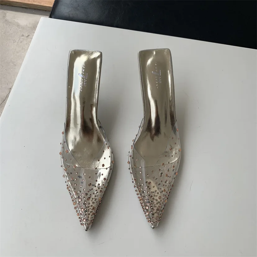 Transparent Sexy Pointed Half Slippers Women's Bag Head 2023 Spring/summer New High Heel Thin Heel Rhinestone Sandals