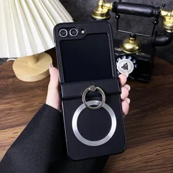Luxurious Vintage PU Leather Texture Phone Case with Ring Holder & Magnetic Closure for Galaxy Z Flip 4 (Black)
