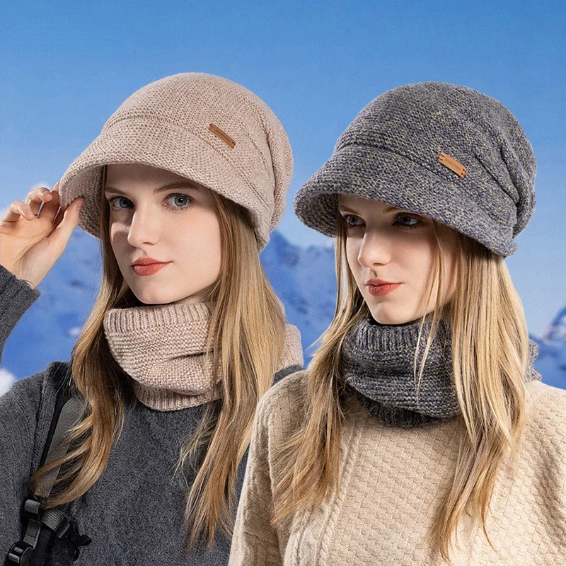 NewWomenWinterHatKeepWarmCapAddFurLinedHatScarfWarmSet
