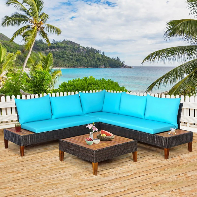 

4 Pieces Patio Cushioned Rattan Sofa Coffee Table Furniture Set with Wooden Side Table Lounge Chair Outdoor