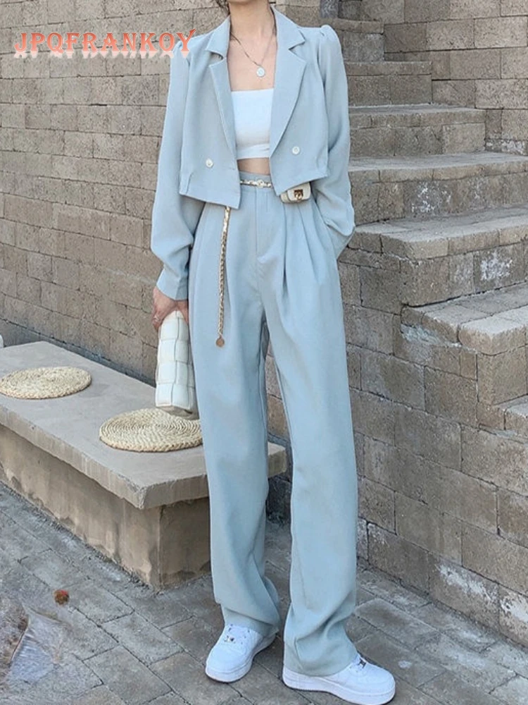 

[JPQF] Suit Set Women's 2023 Spring New Fashion Short Top + High Waist SLIM STRAIGHT Wide Leg Pants 2 Piece Set Women S-XL
