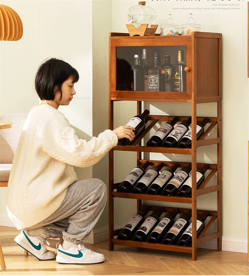 Simple Multi-layer Display Wine Racks European Bamboo Wine Cabinets Home Restaurant Floor-to-ceiling Living Room Wine Cabinet Y