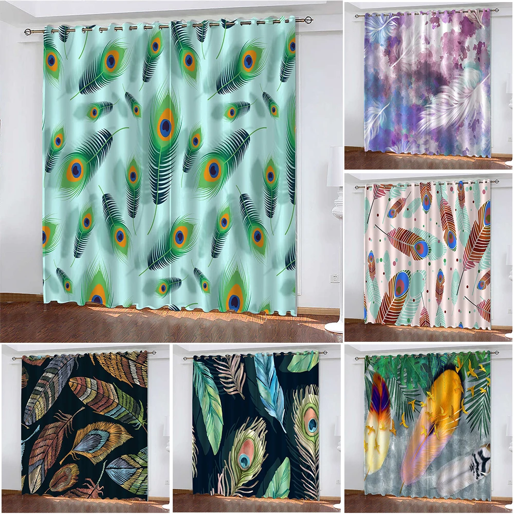 

Feather Print Girl Curtain Biparting Open Blackout Curtain Cortina De Sombra Bedroom Living Room Decoration Feather Curtain