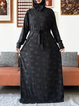 2025 Muslim Solid Abaya For Women Ramadan Prayer Garment Joint Hat Dubai Turkey Middle East Femme Robe Floral Loose Dress 1