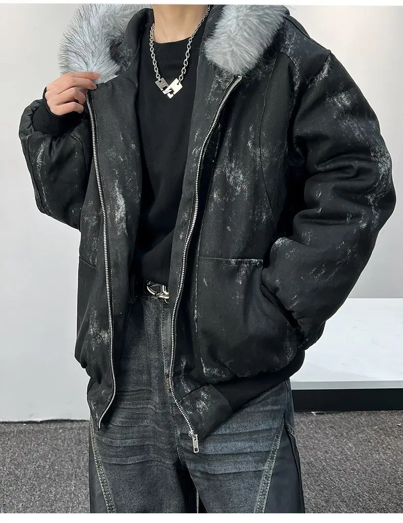 Y2K Cotton jacket with fur collar eagle embroidered and tie-dyeed winter men's design outdoor jacket thick and comfortable