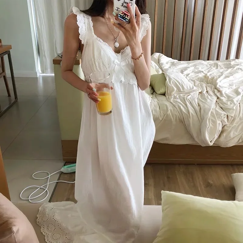 Summer Womens Princess Dress White Sleeveless Sleepshirts Vintage Lady Girls Nightgowns Nightdress Royal Style Pajamas Sleepwear