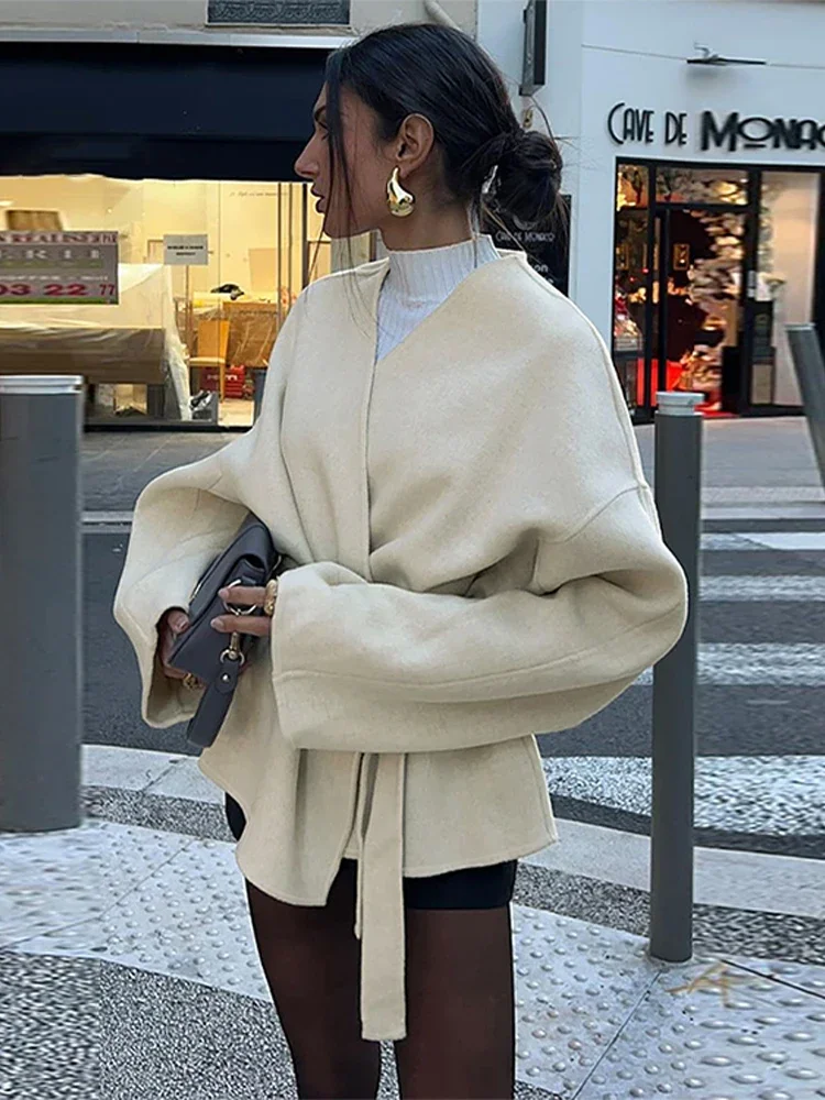 Fashion Solid Lace Up Fleece Coat  Belt For Women Elegant V-neck Long Sleeve Jacket 2024 Autumn Winter New Lady Street Outerwear 6