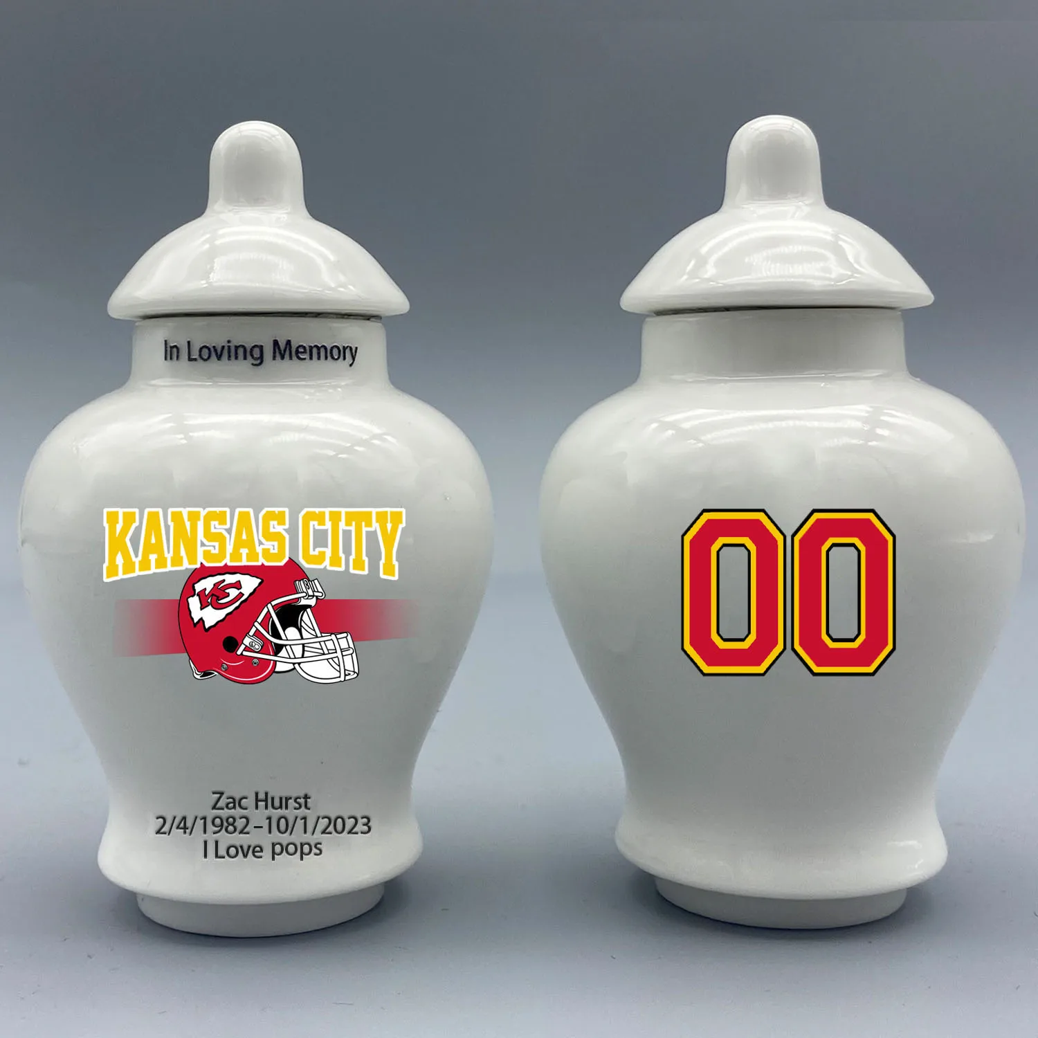 

Mini Urn for Kansas City Chiefs-themed Logo Urn.Please send me the customization information - name/date and number on the urn!