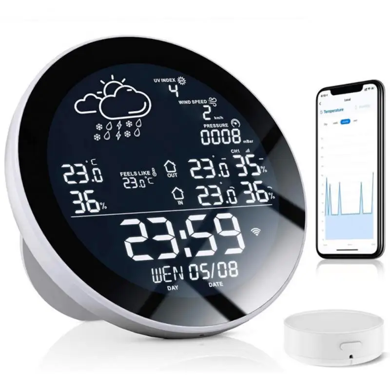 

Tuya Wifi Smart Weather Station with Clock Temperature and Humidity Meter Large Weather Clock Temp Humidity Gauge with 3 Sensor