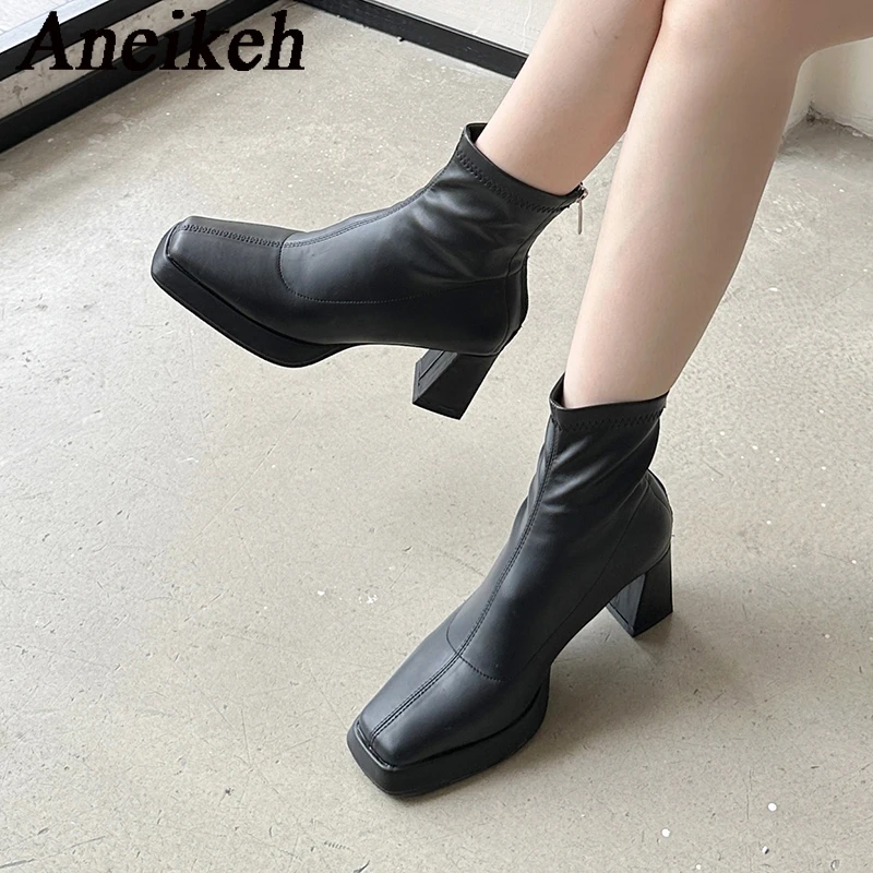 

AneikehWomen Spring/Autumn PU Square Head Thick Heel Zipper Modern Boots 2024 Fashion Elegant Platform Ankle Boots Party Wedding