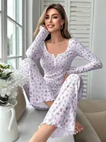 Sleepwear Women Floral Print Lettuce Trim Top with Long Pant Lovely Loungewear Full Sleeve Nightwear Spring Autumn Pajamas Set - Image 5