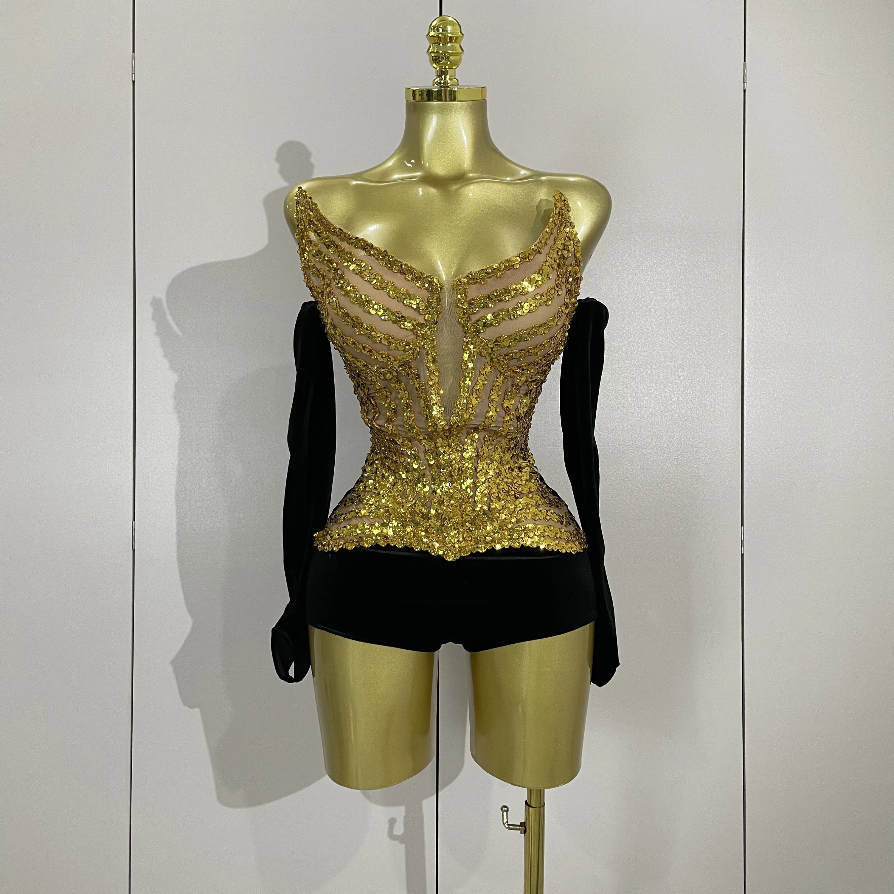 780614-90091a.jpg Women Shiny Golden Sequins Sexy Strapless Bodysuit With Gloves Celebrity Elegant Evening Party Birthday Dresses Stage Costume - Image 1