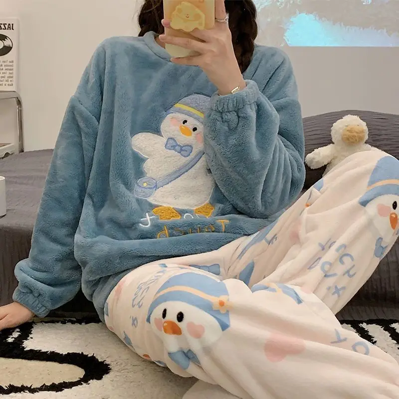 Autumn Winter Kawaii Cartoon Pajama Sets Women Pyjamas Plaid Flannel Loung Sleepwear Girl Pijama Mujer Night Suits Homewear PJ autumn winter women pyjamas sets pajamas sleepwear suit thick warm coral flannel nightgown female cartoon animal pijama mujer