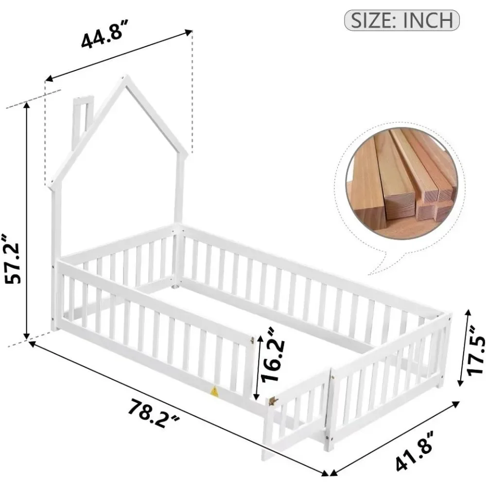 Children Beds, Twin Size Montessori Floor Bed with Fence and Door, House-Shaped Headboard Floor Bed with Full-Length Guardrails 2