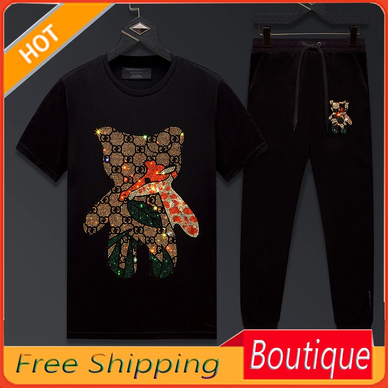 Ice Silk sports suit men's summer fashion brand rhinestone short sleevetT-shirt men's trendy casual wear set handsome