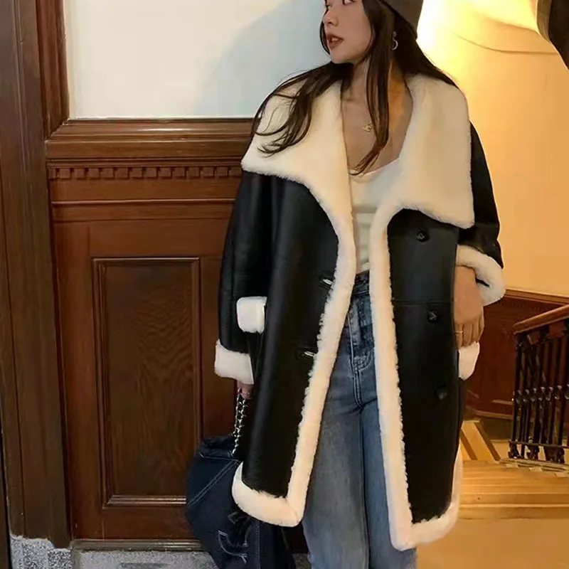 

Natural Real Sheep Fur Coat Winter Women High Quality Medium Length Thick Warm Genuine Leather Jacket Both Sides To Wear