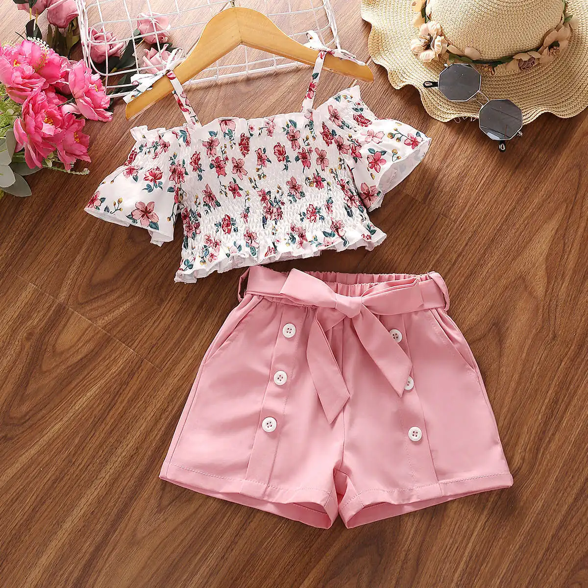 

2023 New Summer Clothes Sets Short Sleeve Print Floral Pink Dress Black Cute 2 Piece Sets Designer Boys Clothes Sets 4-7T