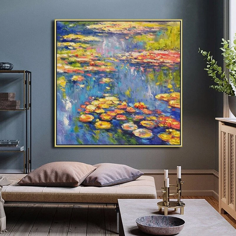 

100% Handmade Oil Painting Canvas Wall Art Decoration Monet Style Lotus Pond Landscape for Home Living Room Office Square Decor