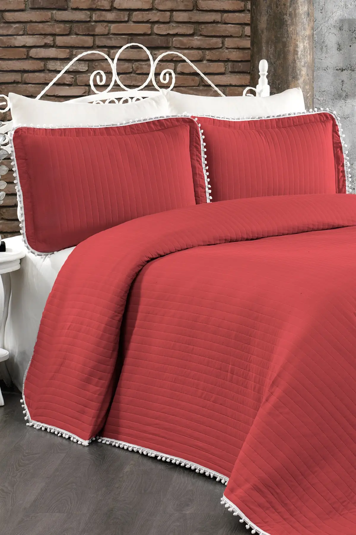 

Double 100% Cotton Bedspread (Pike) Set with Pom Red/gray 240x260 Cotton-Polyester Sheets Free