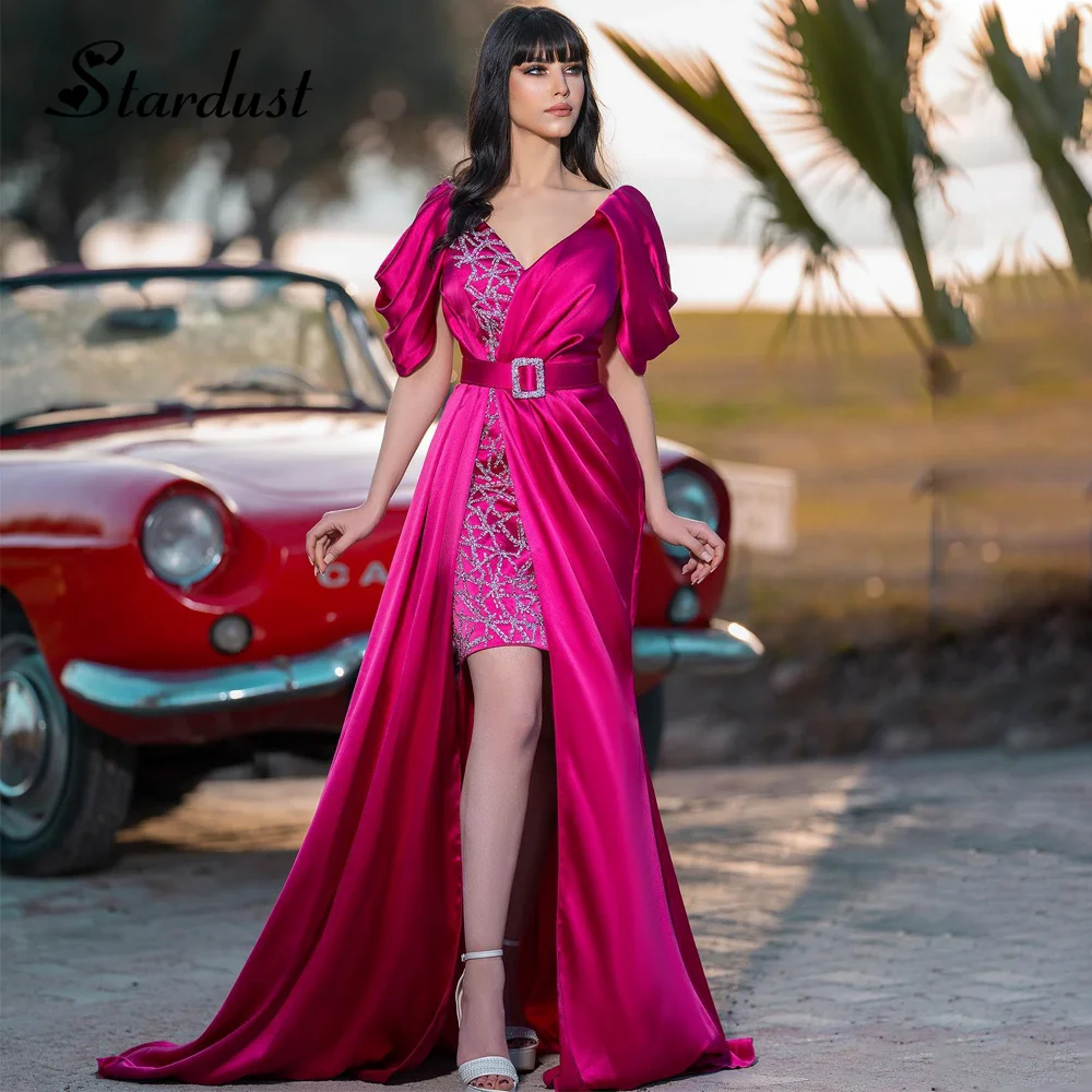 

Stardust Gorgeous Straight Evening Dresses V-Neck Diamonds Ruched Belt Detachable Train Dubai Vestidos de Fiesta Customized