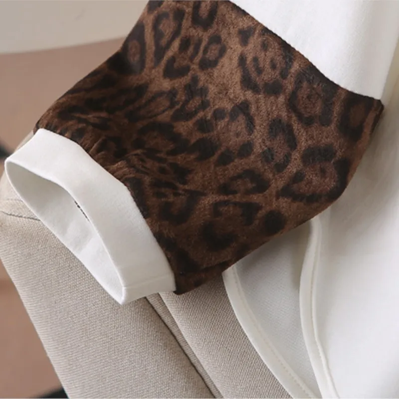 Fashion Plus Size Women's T-Shirt Autumn New Fashion Leopard Print Sleeve Hooded Tops 8613