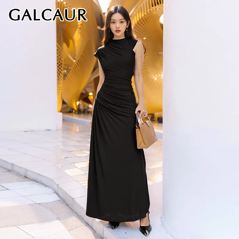 

GALCAUR Minimalist Folds Dress For Women Round Neck Sleeveless High Waist Slim Patchwork Zipper A Line Maxi Dress Female Summer
