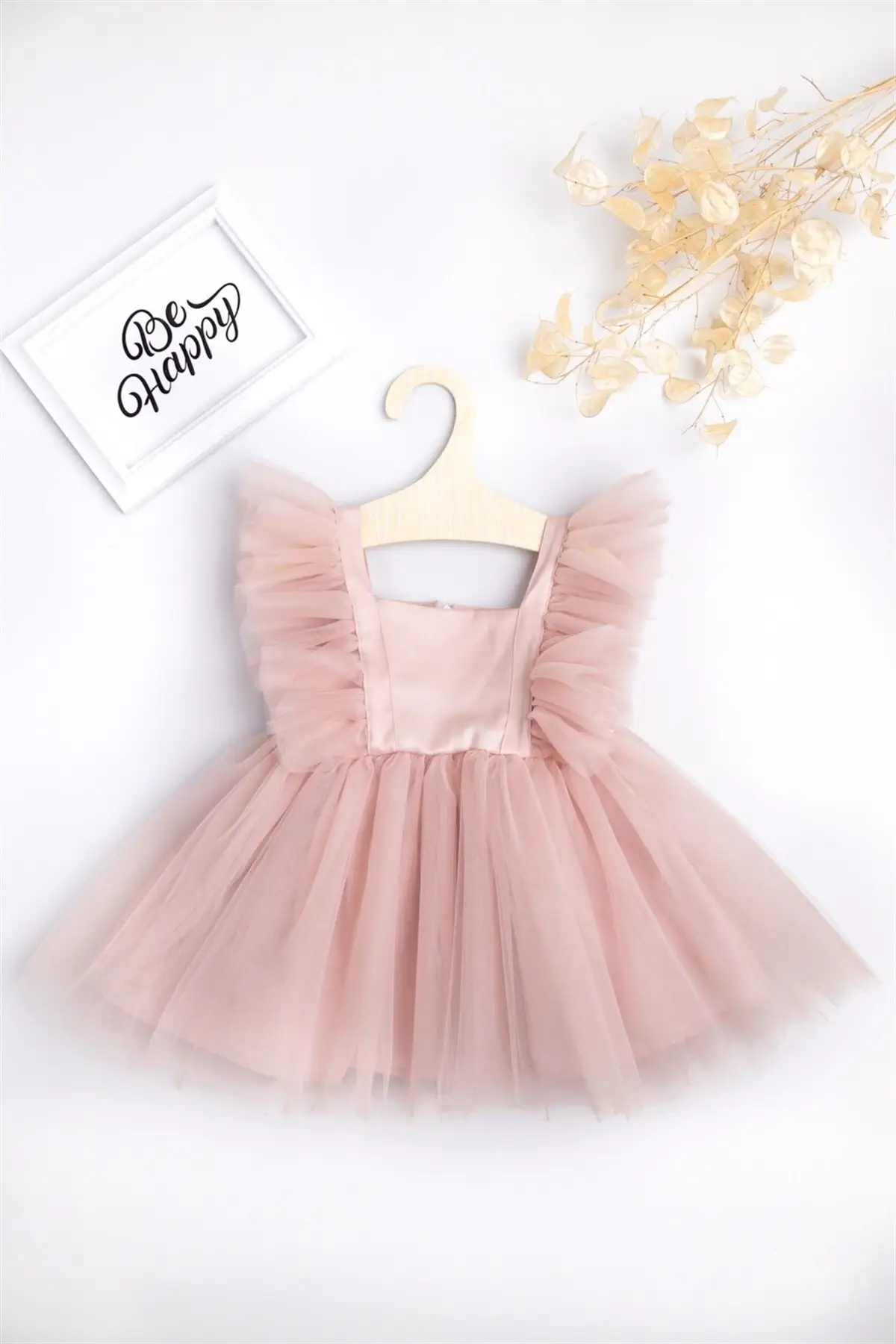 

Powder Shoulders Tulle Girl Dress-Caroline Regular Pink Laid Standard Unprinted Clothing