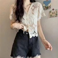 Hot Sale Of The Season V-Neck Hollow out Versatile Short Sleeve Knitwear Women's Korean Style Thin Chic Top Fashionable Cardigan