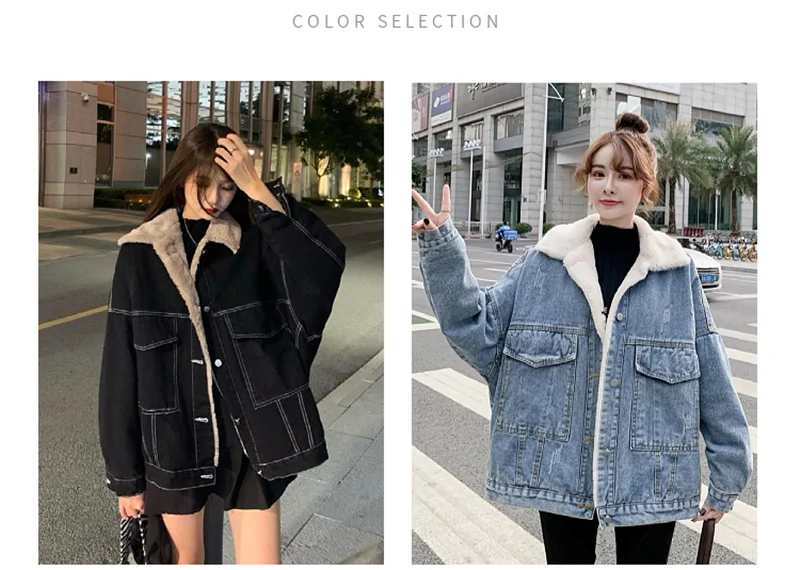 ★正規品★ 【 JEANS】 collared fur jacket 韓国人気 Autumn Winter Thick Streetwear Black Plus Velvet Denim Coat