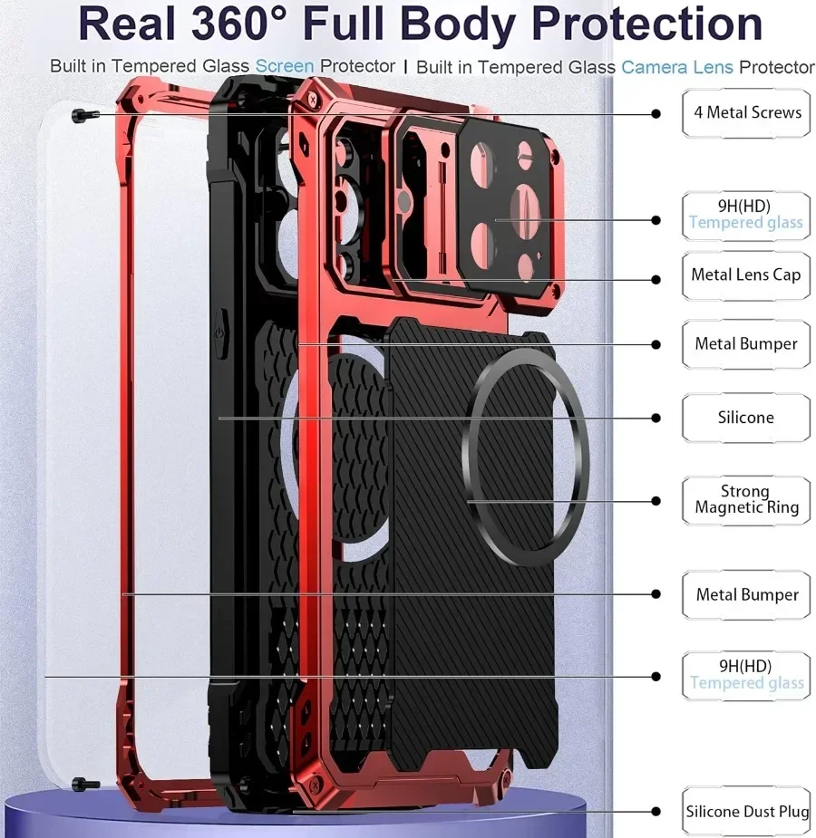 For iPhone 14 Pro Max Heavy Duty Aluminum Metal Case 10FT Military Shockproof Cover Built-in Screen Lens Protector Camera Stand