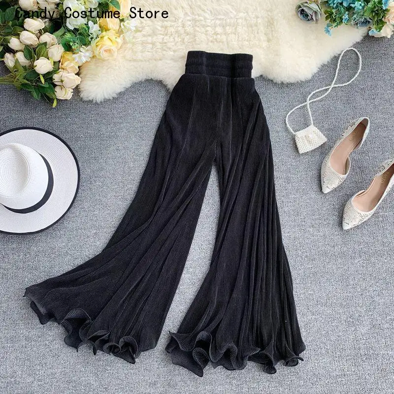 White Summer Female Pants New Women Flare Pants Loose Gauze Elastic High Waist Ruffle Chiffon Ladies Trousers Fashion Black