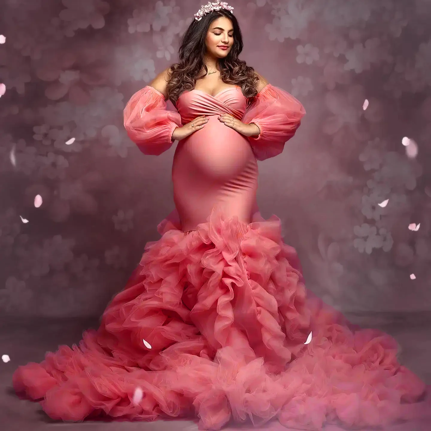 Luxury Mermaid Evening Dresses for Photoshoot Off Shoulder Ruffles Pregnant Women Robes Sexy Long Sleeves Maternity Gowns