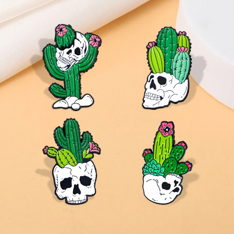 

Cartoon cactus brooch, personalized skull head cactus metal badge, creative plant series brooch