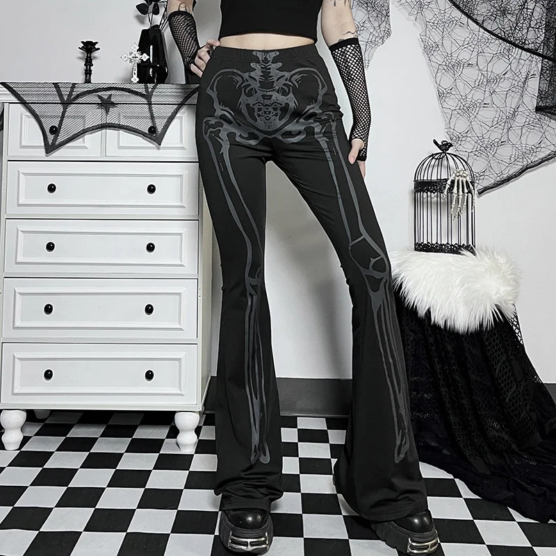 

2022 New Designed Retro Women Goth Pants Fashion Skull Printing Patchwork Mid Waist Gothic Style Ladies Flare Pants For Winter