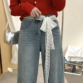 Cintura in pizzo da donna Cintura lunga in fascia in bianco e nero per donna Cintura in pizzo allacciata alla moda per la decorazione di jeans 1