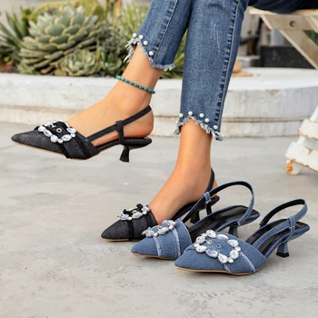 Elegant Denim Slingback Heels with Crystal Buckle Detail, Lightweight & Versatile, Ideal for Office, Parties and All-Day Wear