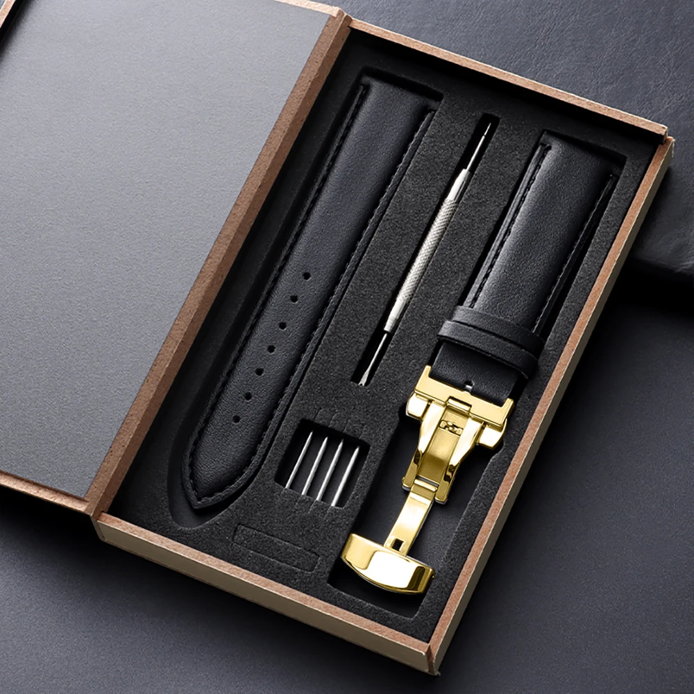 Elegant Vintage Leather Watchband with Butterfly Buckle and Gift Box