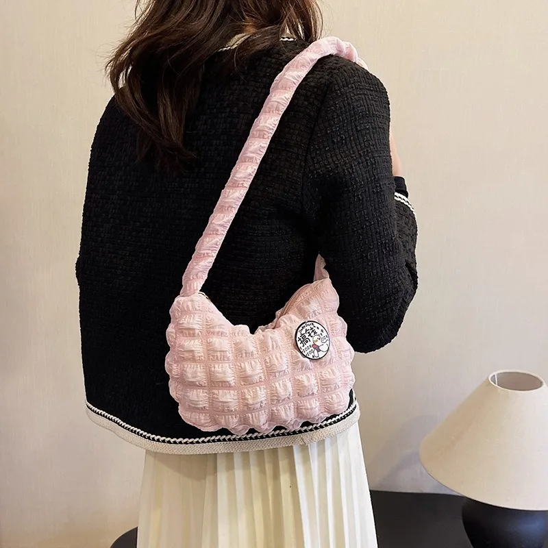 

Crossbody Bag With Pleated Design Embroidered Plaid Shoulder Bag Underarm Bags Simple Large Capacity Quilted Tote Bags For Women