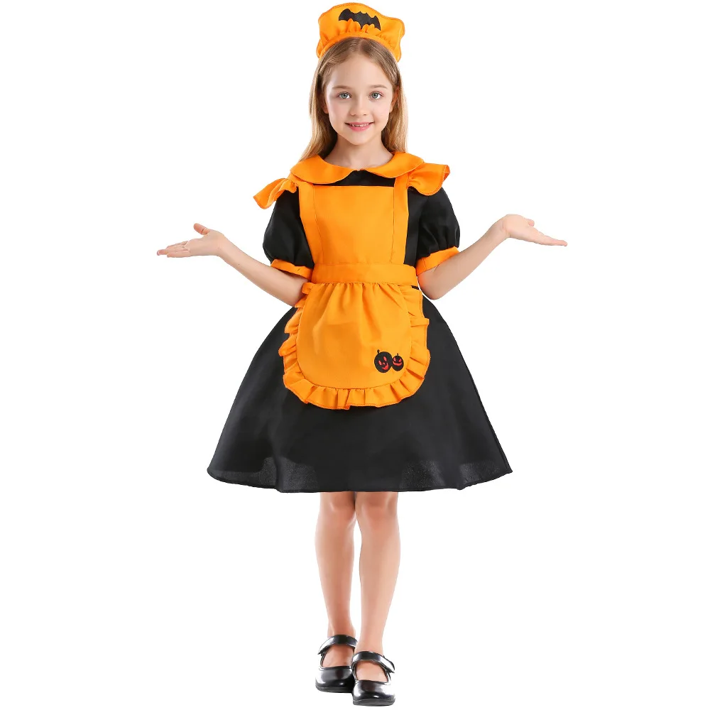 

Halloween Costume for Kids Girls Orange Pumpkin Maid Japanese JK Style Batsuit Party Lolita School Show Outfit Dress Apron