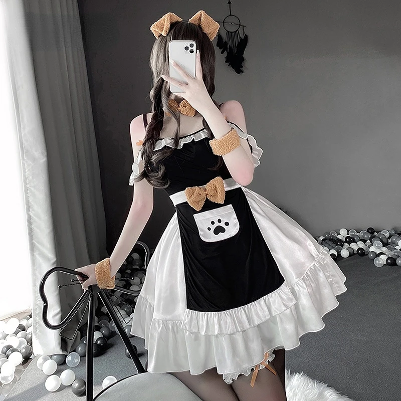 Women Lingerie Animal Cosplay Costume Strap Off Shoulder Women Maid Dress With Apron Backless Bow Sexy Puppy Cute Bear Lingerie