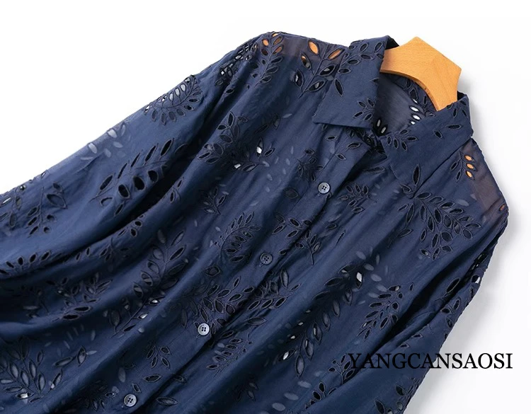 2024 Women's Fashion Spring New 50%Natural Mulberry Silk 50%Cotton Hollow Embroidery Half Perspective Square Collar Navy Shawl