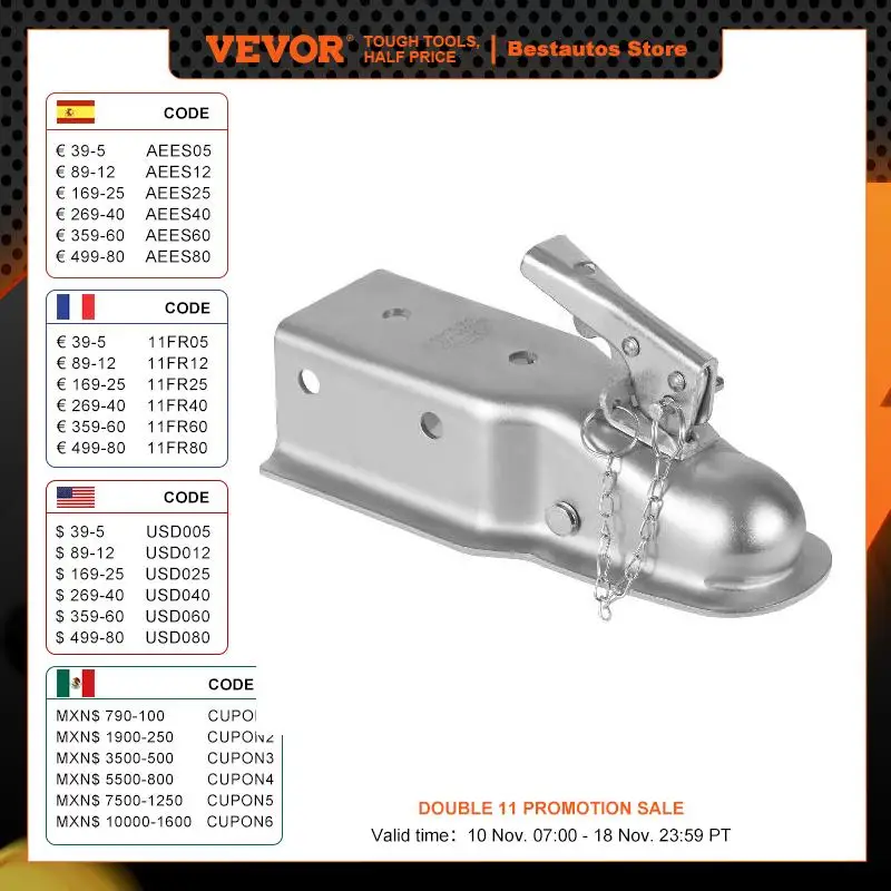 VEVOR 5000 lbs Straight Trailer Coupler 2-Inch Hitch Ball Coupling Tongue 3-Inch Channel RV Parts Camper Caravan Accessories