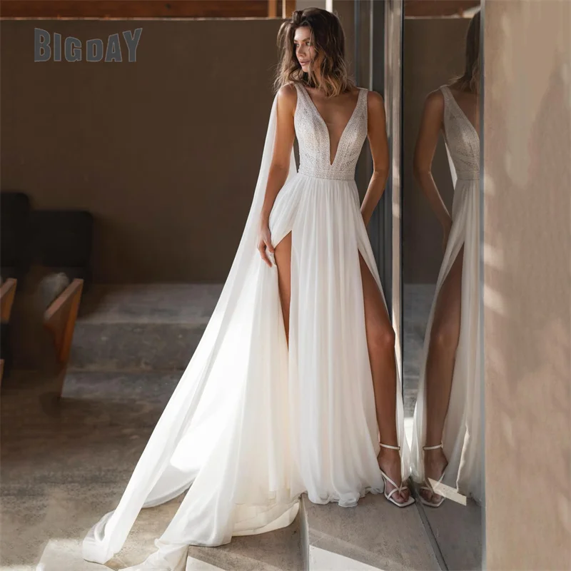 

Elegant A-Line Wedding Dresses Women Open Back V-Neck Pleat Split Lace Tulle Applique Bridal Gown Sweep Train Vestidos De Noiva