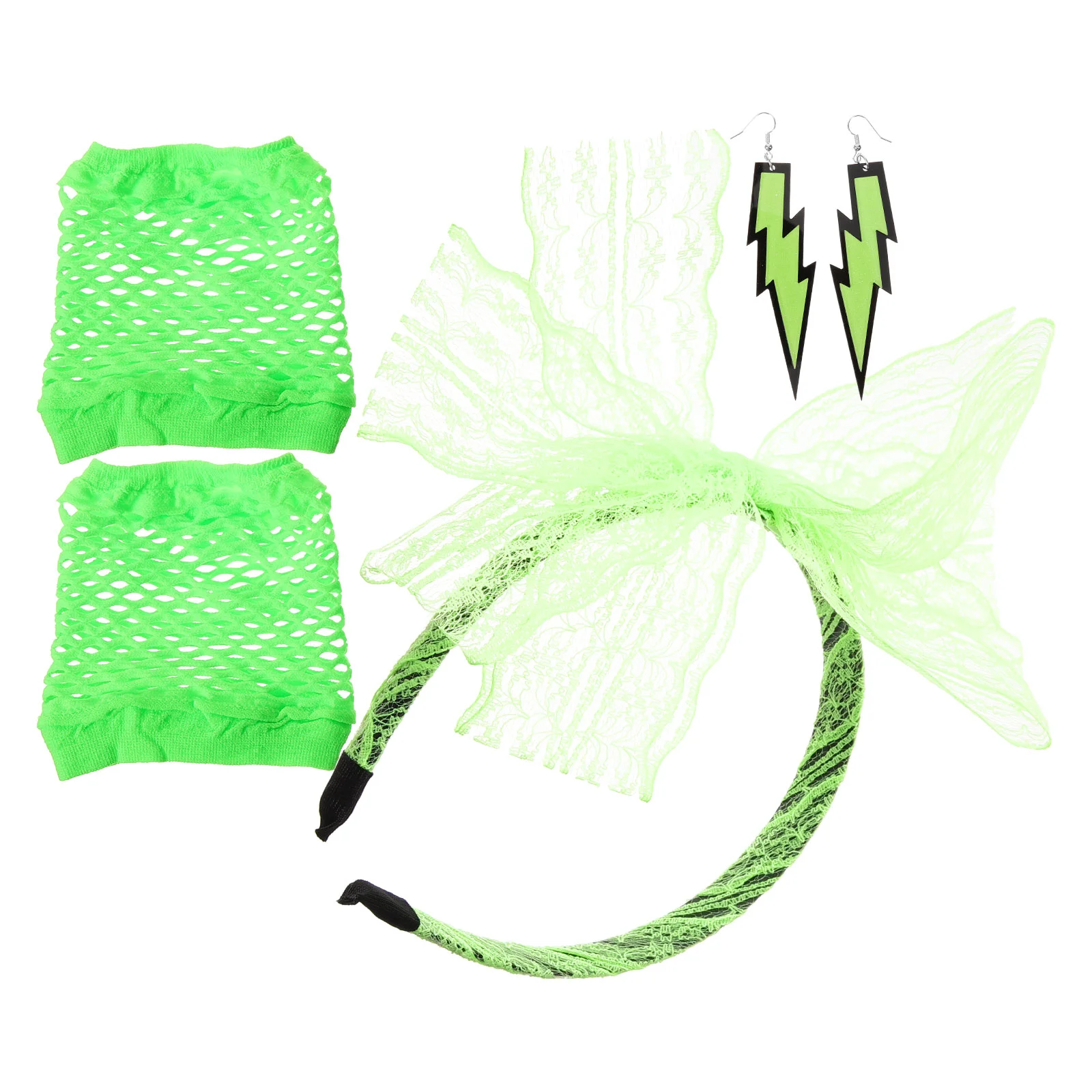 Fingerless Gloves Elastic Lace Headband Neon Earrings Women 80s Party Costumes Fishnet Gloves Plastic Ear Hooks Hair Band