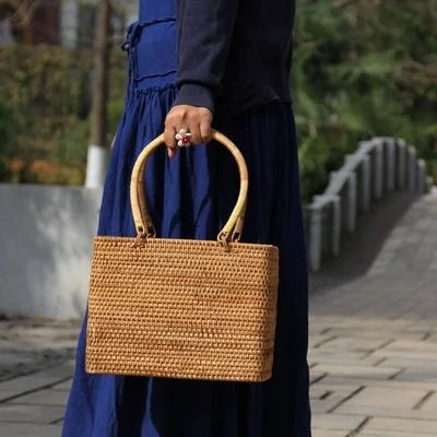 Rattan Bag Ins Literary And Artistic Women's Hand-held Straw Rattan Bag Indonesia Woven Basket Leisure Fashion Trendy