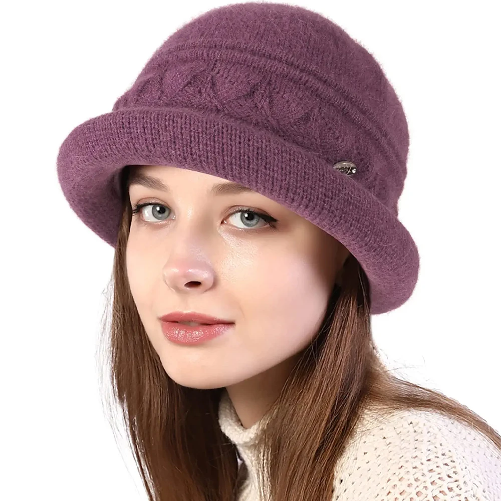 

Women Winter Knitted Bucket Hat Bowler Hat Thick Rabbit Fur Lined Warm Hats Fashion Women Casual Round Brim Bucket Hats